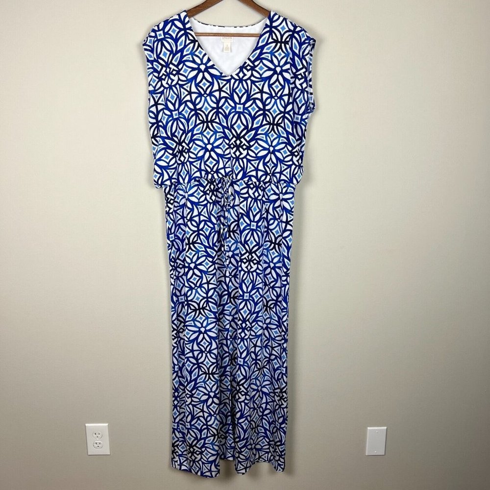 Chico's 3 Maxi Dress XL Blue White Sleeveless Geo‎ Print Jersey Knit Slit V-Neck